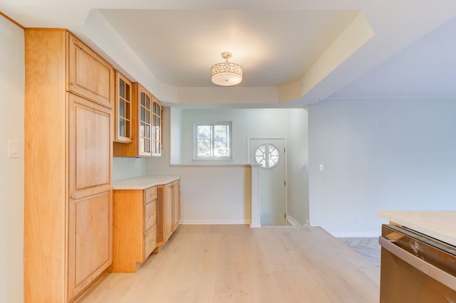 kitchen with a raised ceiling, light brown cabinets, stainless steel dishwasher, and light wood-type flooring