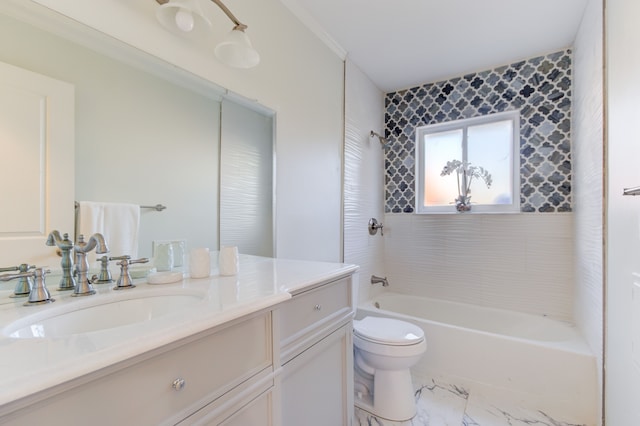 full bathroom with vanity, ornamental molding, tiled shower / bath combo, and toilet