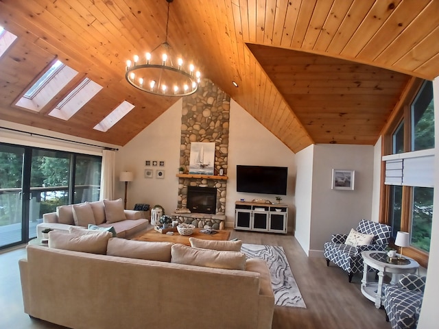 living room featuring wood finished floors, high vaulted ceiling, a fireplace, wooden ceiling, and a chandelier