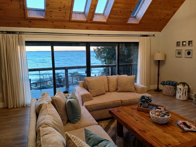 living room featuring a skylight, a healthy amount of sunlight, wood finished floors, and a water view