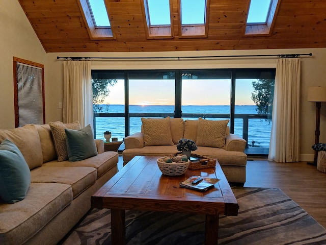 living area featuring high vaulted ceiling, wood finished floors, a skylight, and a water view