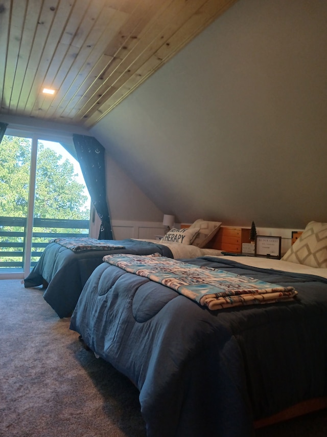 carpeted bedroom featuring lofted ceiling, wood ceiling, and access to outside