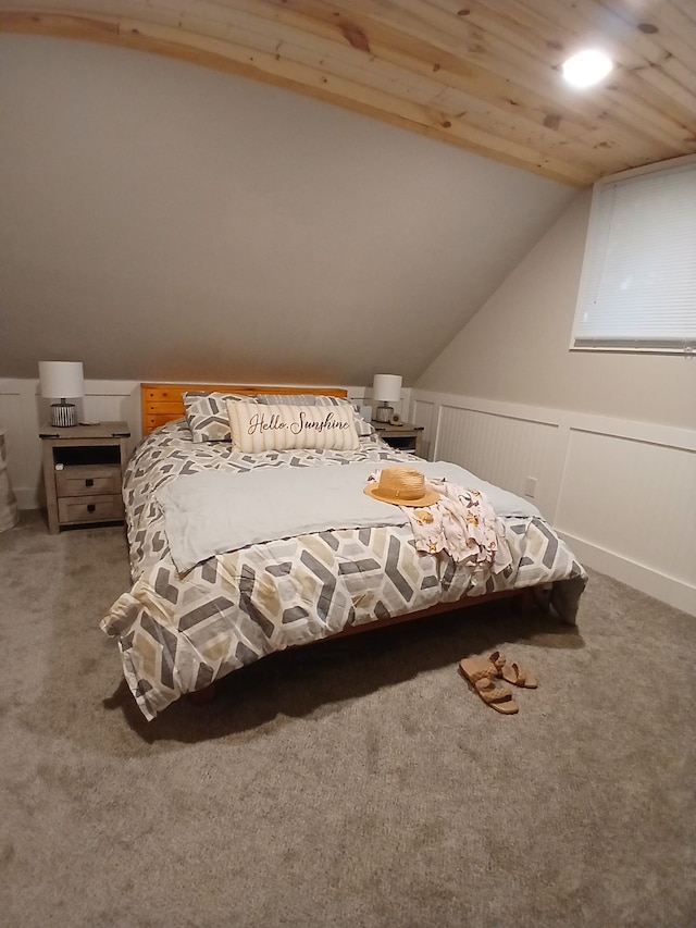 bedroom with lofted ceiling, carpet, and a wainscoted wall