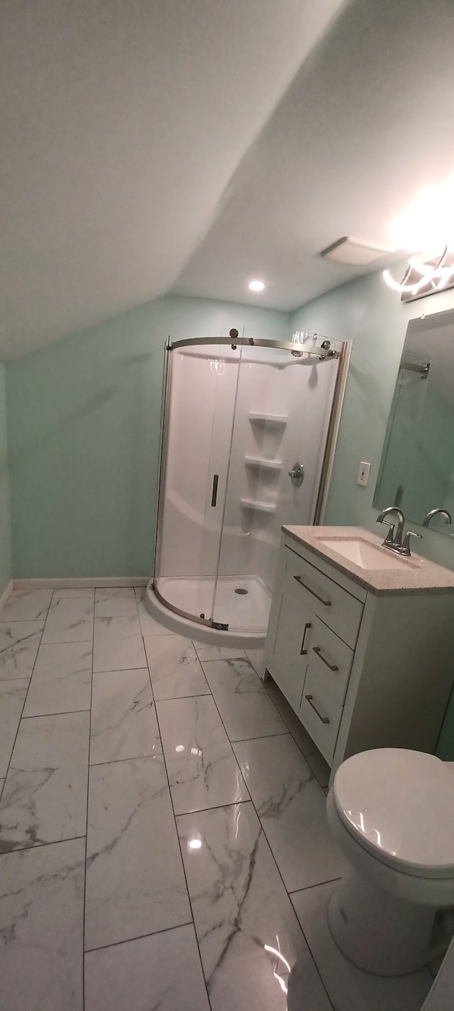 bathroom with vanity, toilet, and a shower with shower door