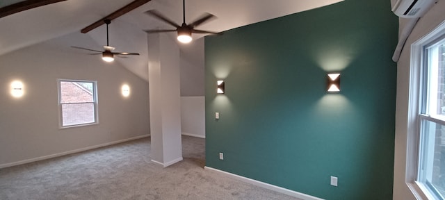 bonus room with an AC wall unit, a wealth of natural light, and lofted ceiling with beams