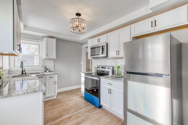 kitchen featuring stainless steel appliances, a raised ceiling, sink, and white cabinetry