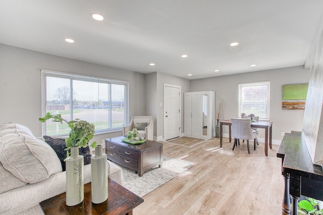 living room featuring a wealth of natural light and light hardwood / wood-style floors