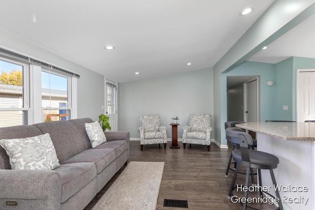 living room with dark hardwood / wood-style flooring