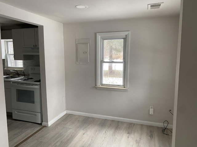 1095 Harding Dr, Grand Blanc, MI 48507 - kitchen with electric range, under cabinet range hood, light wood-type flooring, and electric panel