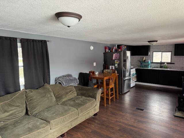 living room with sink, dark hardwood / wood-style floors, and a textured ceiling