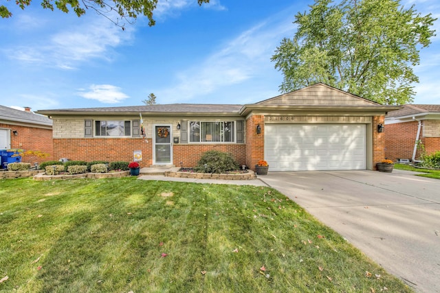 ranch-style home featuring a front yard and a garage