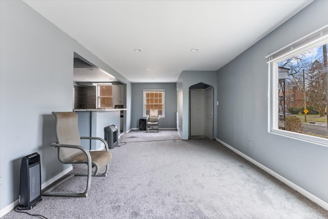 sitting room featuring light carpet