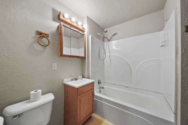 full bathroom featuring vanity, a textured ceiling, shower / bath combination, and toilet