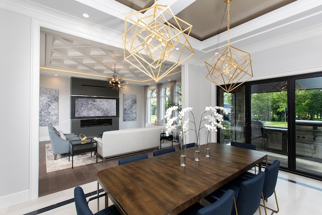 dining space featuring an inviting chandelier, ornamental molding, and coffered ceiling