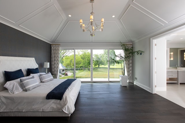 bedroom featuring access to outside, crown molding, ensuite bath, dark hardwood / wood-style flooring, and a chandelier