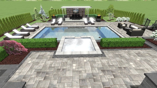 view of pool with an outdoor living space and a patio area