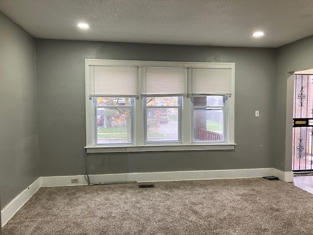 empty room with carpet flooring and a textured ceiling