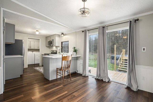 kitchen with washer and dryer, a healthy amount of sunlight, kitchen peninsula, and appliances with stainless steel finishes