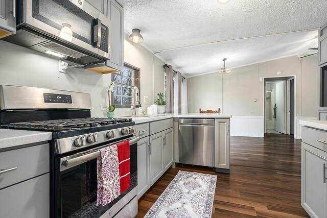 kitchen with sink, gray cabinets, a textured ceiling, appliances with stainless steel finishes, and dark hardwood / wood-style flooring