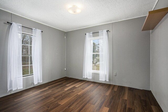 unfurnished room featuring a textured ceiling and dark hardwood / wood-style floors