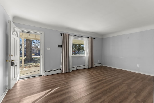 unfurnished room with dark hardwood / wood-style floors and baseboard heating