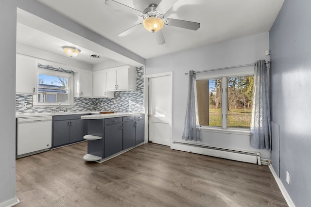 kitchen with gray cabinetry, dishwasher, a baseboard heating unit, decorative backsplash, and white cabinets