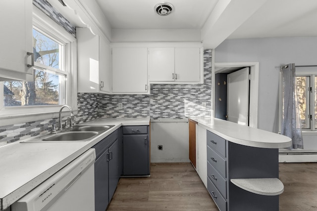 kitchen featuring white cabinetry, dishwasher, sink, gray cabinets, and decorative backsplash