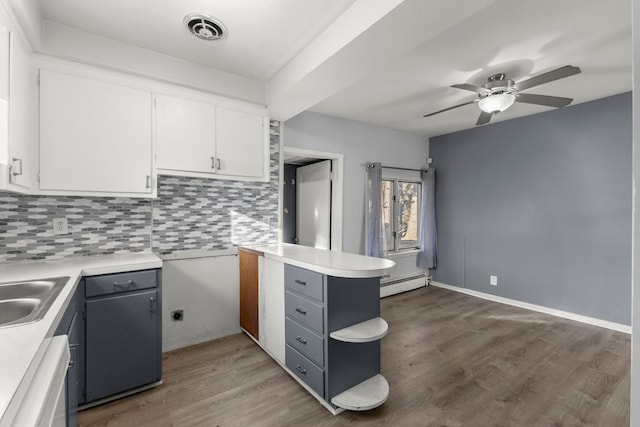 kitchen with white cabinets, dishwasher, dark hardwood / wood-style flooring, and backsplash