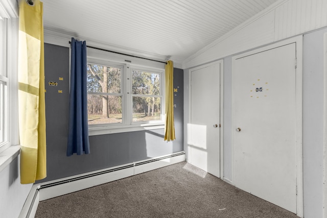 interior space with dark colored carpet, baseboard heating, and lofted ceiling