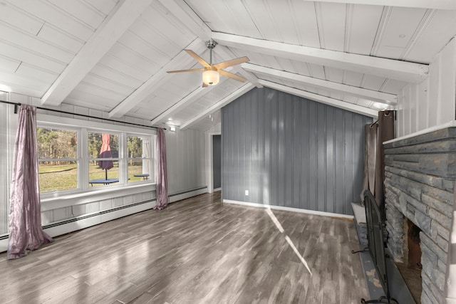 unfurnished living room with ceiling fan, a stone fireplace, lofted ceiling with beams, wood-type flooring, and wooden walls