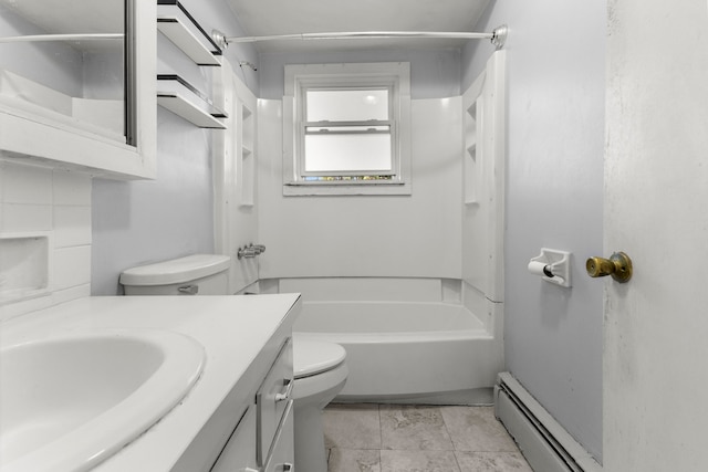 full bathroom featuring shower / washtub combination, toilet, vanity, and a baseboard heating unit