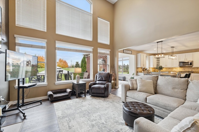 living room featuring a towering ceiling, light hardwood / wood-style flooring, and a wealth of natural light