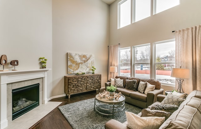 living room featuring a fireplace, a towering ceiling, and hardwood / wood-style flooring