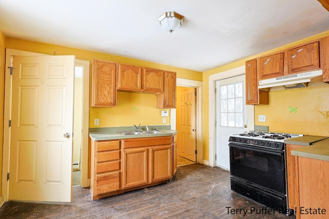 kitchen featuring sink, dark wood-type flooring, and gas stove