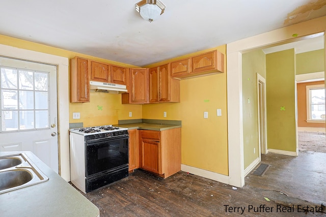 kitchen with white gas stove, dark wood-type flooring, and sink