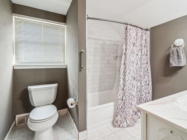 full bath featuring visible vents, toilet, shower / bath combo with shower curtain, vanity, and tile patterned flooring