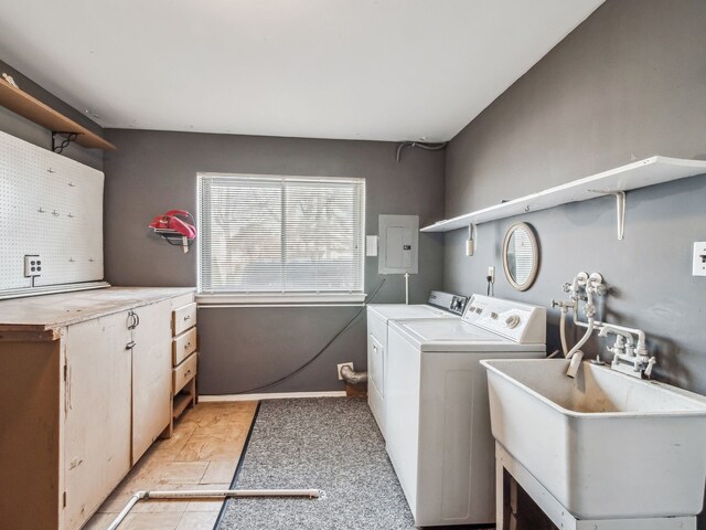 laundry room featuring washing machine and dryer, a sink, laundry area, electric panel, and baseboards