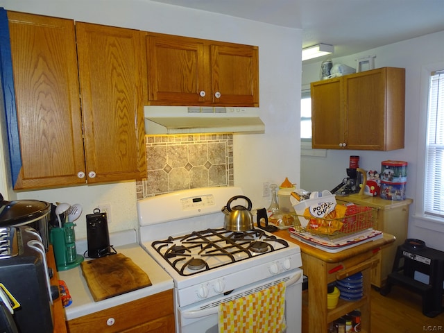 kitchen featuring white gas stove and a wealth of natural light