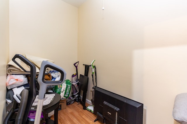 workout area with light hardwood / wood-style flooring