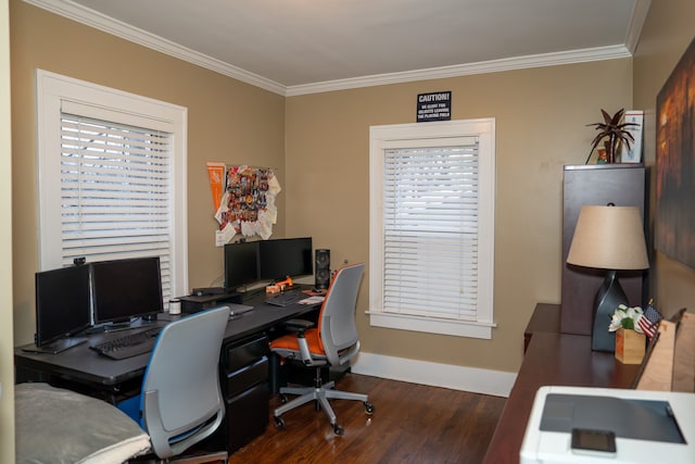 office space featuring a healthy amount of sunlight, dark hardwood / wood-style floors, and crown molding