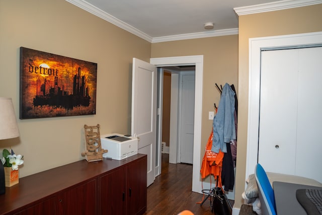 interior space featuring dark hardwood / wood-style flooring and crown molding