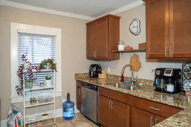 kitchen featuring light stone countertops, ornamental molding, sink, dishwasher, and light tile patterned flooring