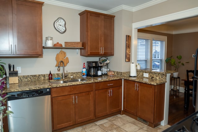 kitchen with dishwasher, sink, crown molding, light stone countertops, and kitchen peninsula