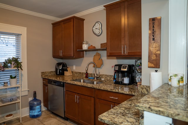 kitchen with crown molding, sink, light tile patterned floors, stone counters, and dishwasher