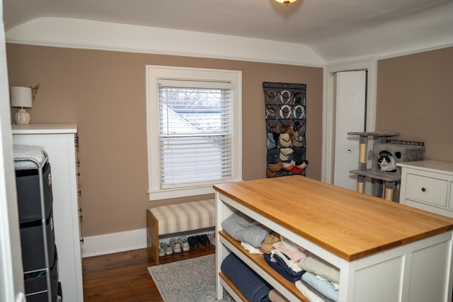 dining space featuring dark hardwood / wood-style flooring and vaulted ceiling