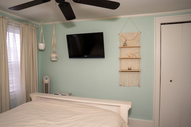 bedroom featuring ceiling fan, ornamental molding, and a closet