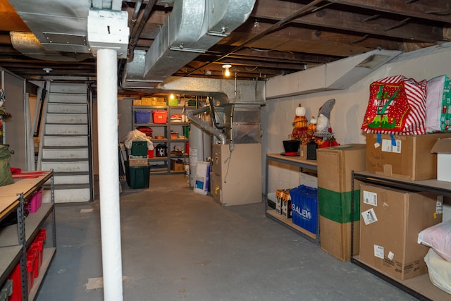 basement featuring heating unit