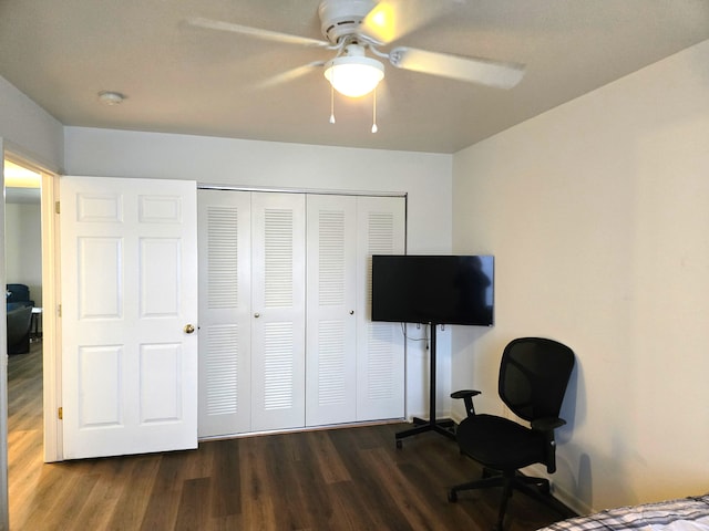 bedroom featuring ceiling fan, dark hardwood / wood-style floors, and a closet