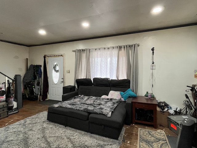 living room with dark hardwood / wood-style floors