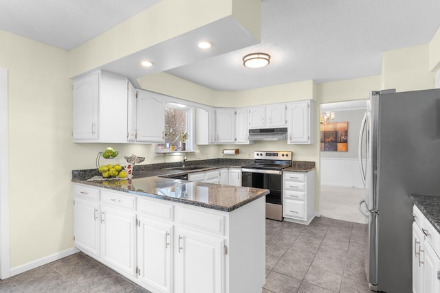 kitchen with white cabinets, kitchen peninsula, and stainless steel appliances